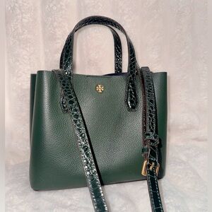 Tory Burch Perry Small Triple Compartment Tote Green Croc Embossed Leather